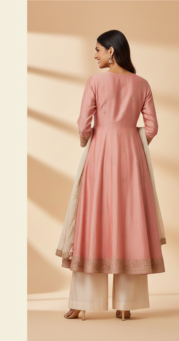 Rose Blush Silk Anarkali Set with Zari Embroidery