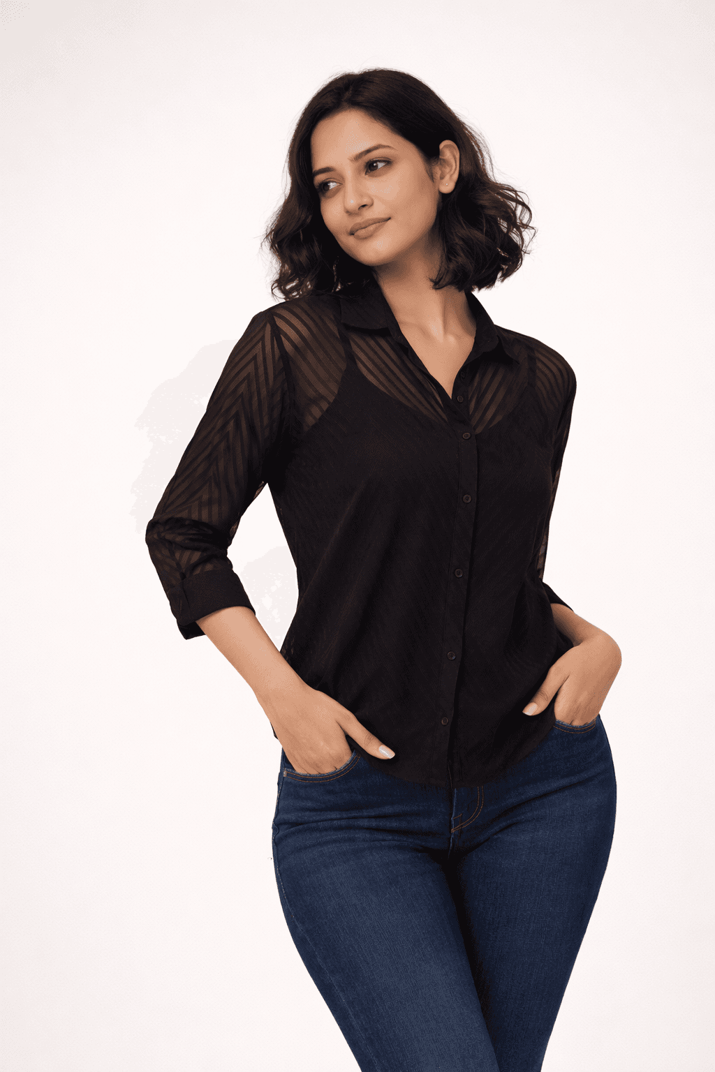 Women’s Solid Black Sheer Shirt Top | Stylish Semi-Transparent Casual Party Wear Shirt