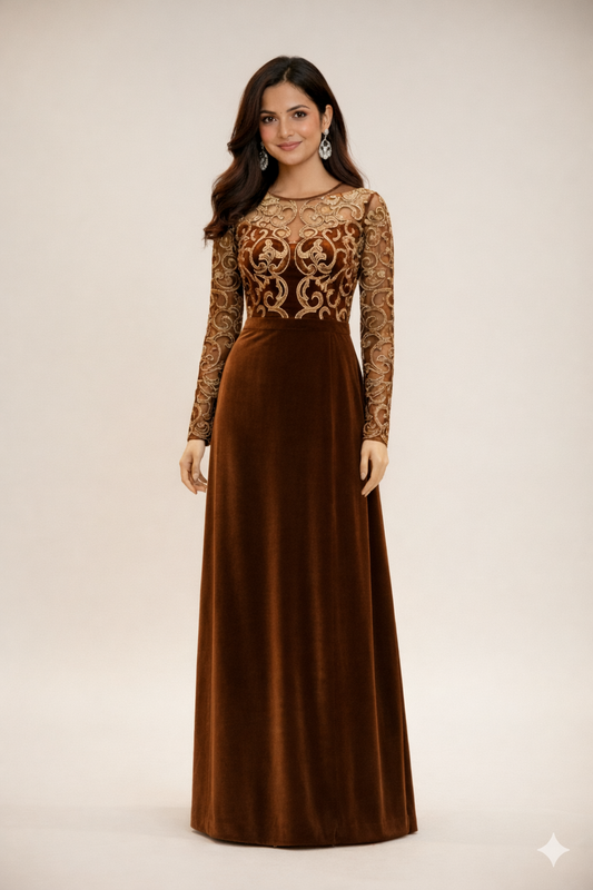 Brown Velvet Embroidered Dress
