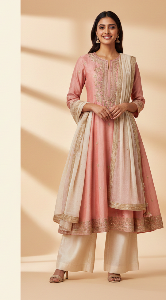 Rose Blush Silk Anarkali Set with Zari Embroidery