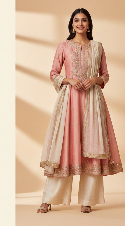 Rose Blush Silk Anarkali Set with Zari Embroidery